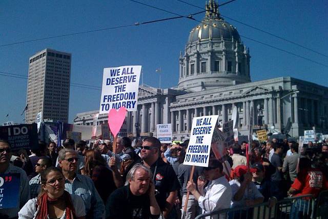 Protesters in San Fransisco today anticipate the State Supreme Court's ruling.